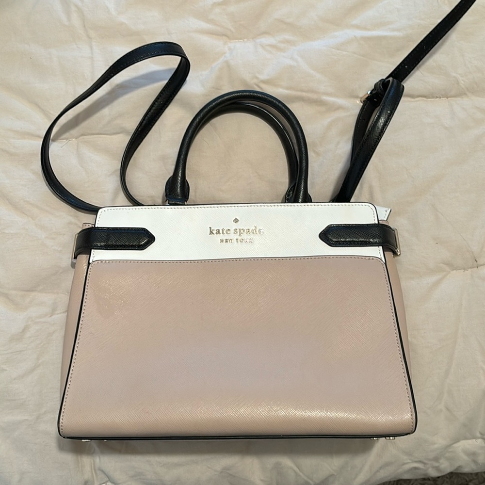 Kate Spade Staci Medium Saffiano Leather Satchel Purse in Warm Beige/Black